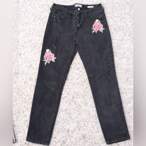 Black Daisy Black Skinny Jeans Floral Patch Distressed Stretch Denim Women’s 9